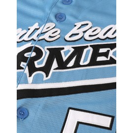 Myrtle Beach Mermaid Men's #55 Embroidered Baseball Jersey - Light Blue & Green V-Neck Short Sleeve, Breathable Button-Up Sports Shirt for Training, Competition, and Casual Wear, Competition Clothing | Vneck Jersey | Quality Embroidery