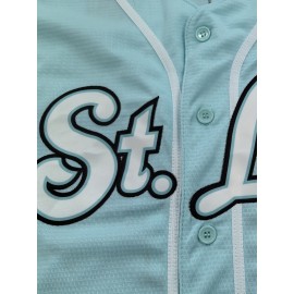 Men's All-Stitched Baseball Jersey #4 - Light Blue Embroidered V-Neck Short Sleeve Shirt, Breathable Polyester with Button-Up Front for Training, Competition & Casual Wear - Machine Washable Regular Fit