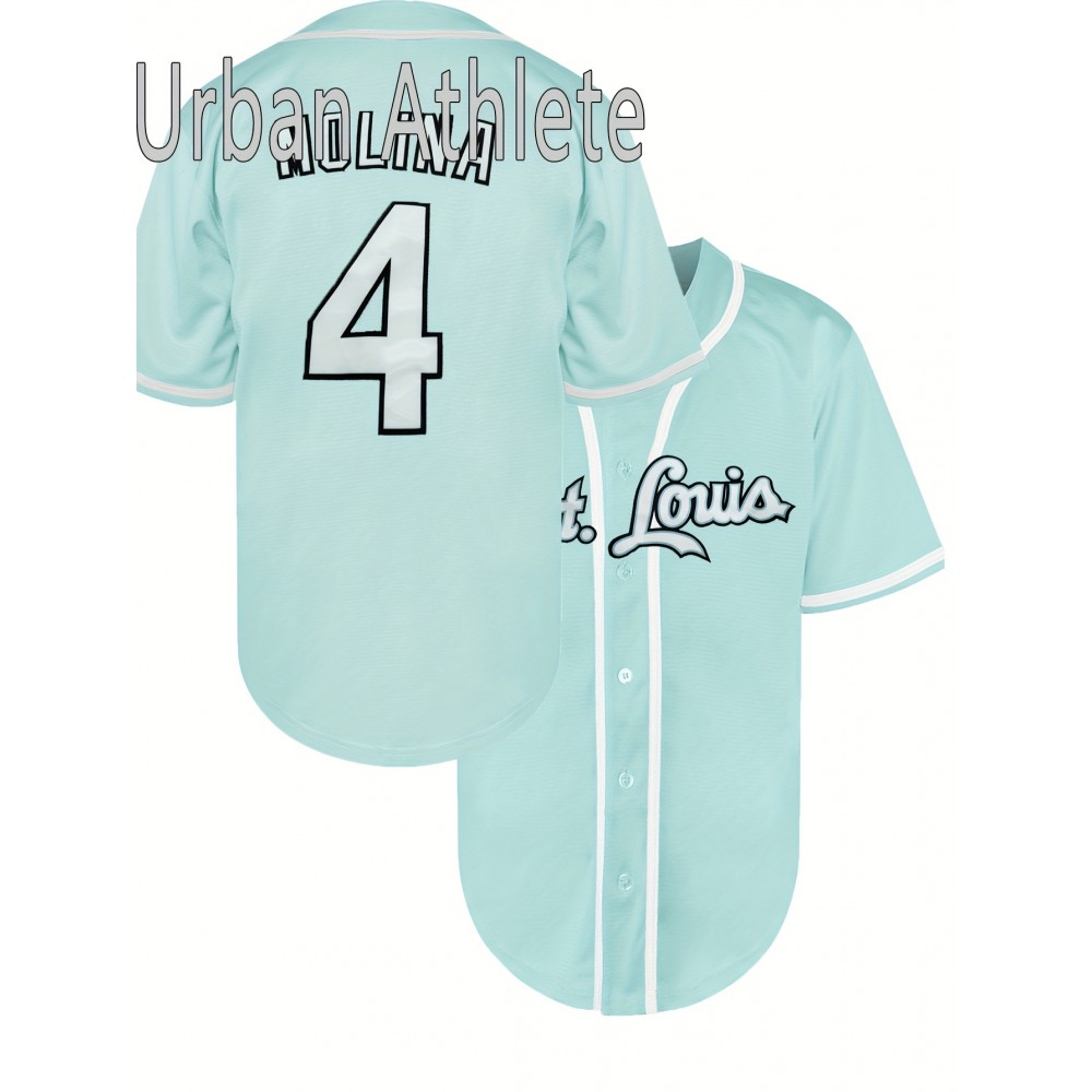 Men's All-Stitched Baseball Jersey #4 - Light Blue Embroidered V-Neck Short Sleeve Shirt, Breathable Polyester with Button-Up Front for Training, Competition & Casual Wear - Machine Washable Regular Fit