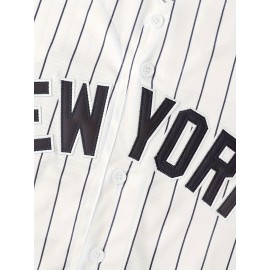 Men'S Retro NEW YORK #3 Embroidery Design Short Sleeve V-neck Loose Button Up Shirt, Men'S Summer Baseball Jersey