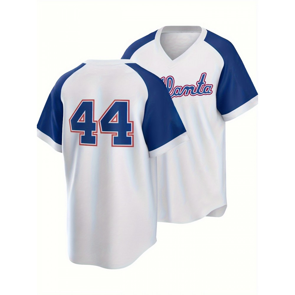 Men's #44 Baseball Jersey - Color Block V-Neck Short Sleeve, Loose Fit Breathable Fabric for Training, Competition & Casual Wear | All-Season Machine Washable Sportswear, Outdoor Activity Apparel, Sporty Vneck Style, Comfortable Sports Clothing