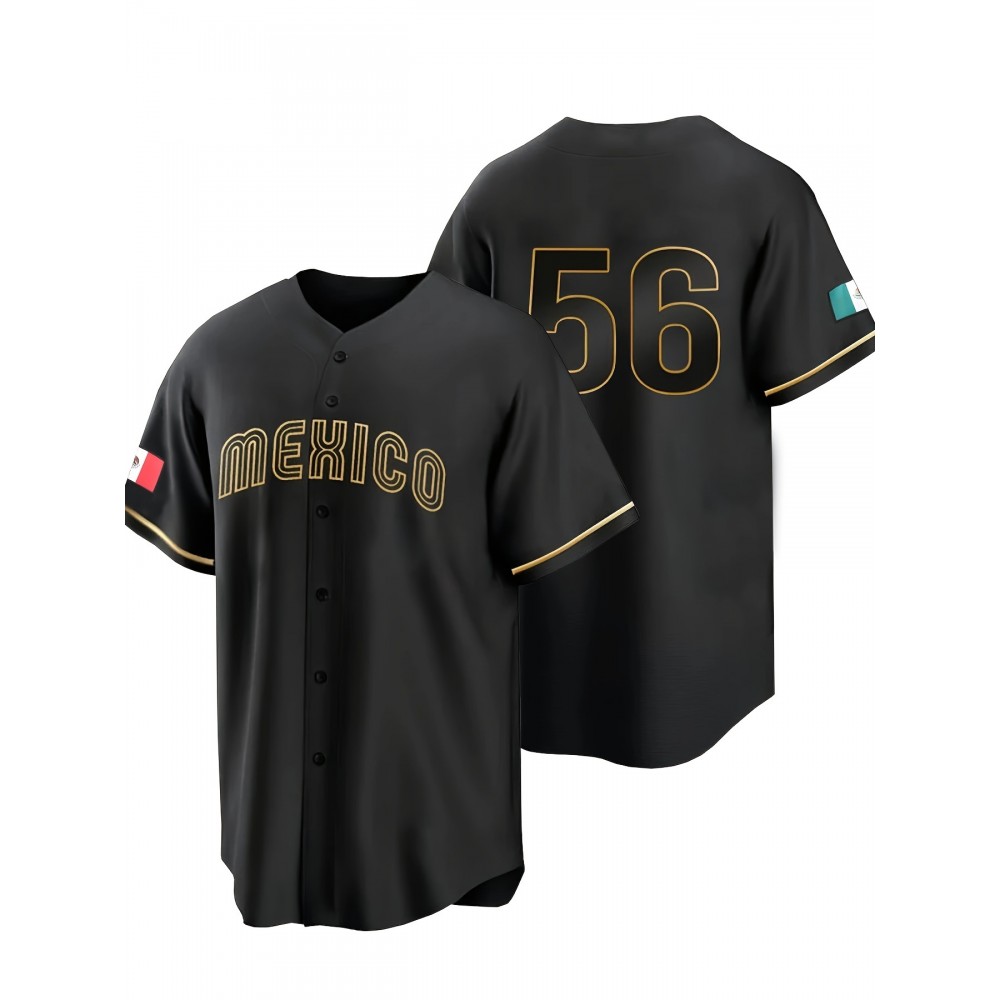 Men's Mexico #56 Black Baseball Jersey - Retro Mexico Lettering & Number 56, Breathable V-Neck Loose Fit Short Sleeve Shirt for Training, Competition, Casual & Holiday Wear, Mexico Baseball Jersey, Sports Apparel, Sporty Vneck, Comfortable Fabric