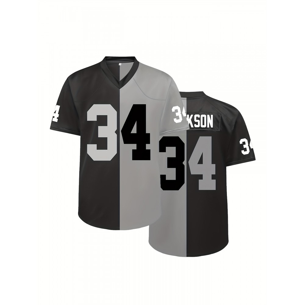 Men's Black #34 Breathable Rugby Jersey - V-Neck Short Sleeve American Football Shirt with Embroidered Lettering, Loose Fit for Training, Sports & Casual Wear, All-Season Comfort, Outdoor Activities Apparel, Sporty Vneck Design, Embroidered Detailing