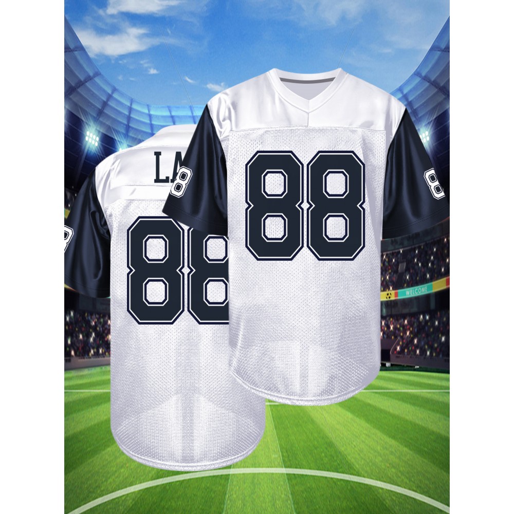 Men'S White Patchwork Sleeves # 88 Rugby Shirt Loose Embroidered Sports, Fashionable, Casual, Street Breathable Rugby Top