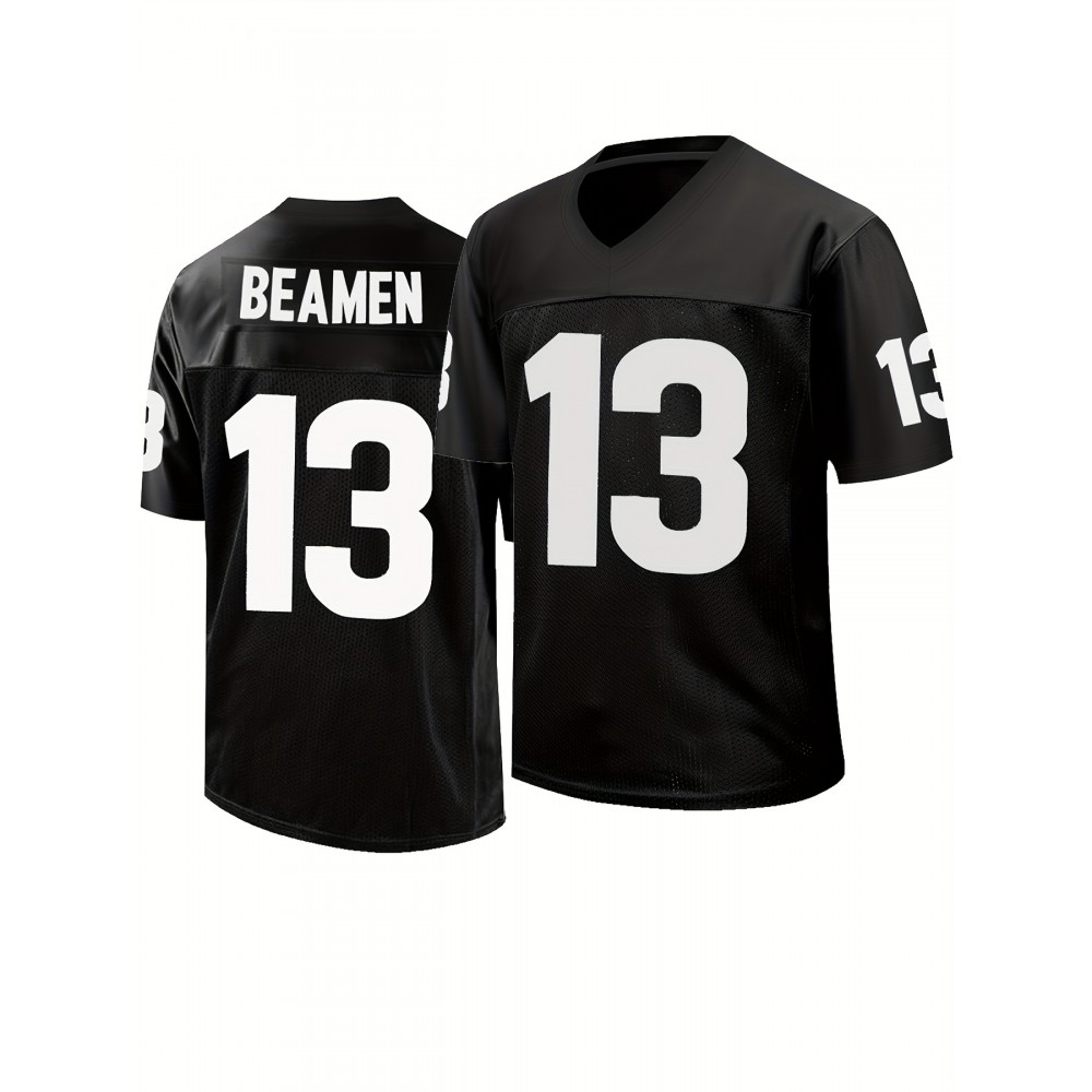 Men'S #13 Black Rugby Jersey - 100% Polyester V-Neck Short Sleeve Sportswear T-Shirt with Stitching for American Football, Casual Wear, and Training, Training Jersey | Sporty Vneck | Detailing