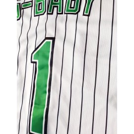 Men's #1 Green & White Striped Baseball Jersey - Breathable Polyester V-Neck Button-Up with 