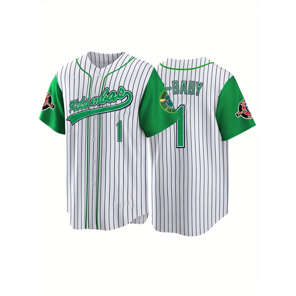 Men's #1 Green & White Striped Baseball Jersey - Breathable Polyester V-Neck Button-Up with 