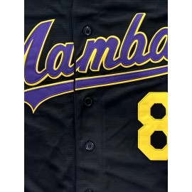 Men's #8-24 Embroidered Polyester Baseball Jersey - Black with Purple & Yellow Accents, V-Neck, Button-Up Design, Perfect for Games, Training & Casual Wear, Sizes S-3XL, Athletic Jersey | Casual Style | Numbers Design