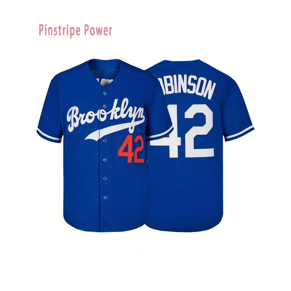 Men's Casual #42 Blue Baseball Shirt - Loose Fit V-Neck Button-Up with Brooklyn & Number Embroidery, 100% Polyester, Machine Washable, Sizes S-3XL for Training, Team Sports, Daily Wear & Outdoor Activities