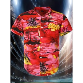 Men's Vibrant Tropical Floral Print Baseball Shirt - 100% Polyester, V-Neck, Loose Fit for Beach, Sports & Casual Outings, Sizes S-3XL, Casual Wear Shirt | Tropical Print Shirt | Details