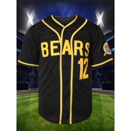 Men's#12 Black Baseball Shirt with Embroidered Alphabet - V-neck, Button, Polyester Fiber, Machine Washable - Perfect for Sports And Casual Wear