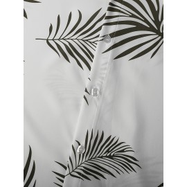 Men's Stylish Green Leaf Print Baseball Shirt - 100% Polyester, V-Neck, Loose Fit for Casual Sports & Parties, S-3XL, Machine Washable, Perfect for Summer Outings, Beach Parties & Outdoor Activities, Best for Christmas