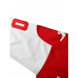 Men's #10 Ice Hockey Jersey - Red V-Neck Long Sleeve with Embroidered Letters & Logo, Breathable Polyester, Loose Fit for Sports, Casual Wear, Parties (Sizes S-3XL), Outdoor Activity Apparel, Durable Sportswear