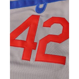 42 Grey Baseball Jersey All Stitched EMbroidery V Neck Short Sleeve Baseball Shirt, Breathable Button-Up Sports Uniform For Training Competition Party