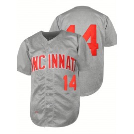 Stitched #14 Grey Baseball Jersey Red Letter Embroidery V Neck Short Sleeve Baseball Shirt, Breathable Button-Up Sports Uniform For Training Competition Party