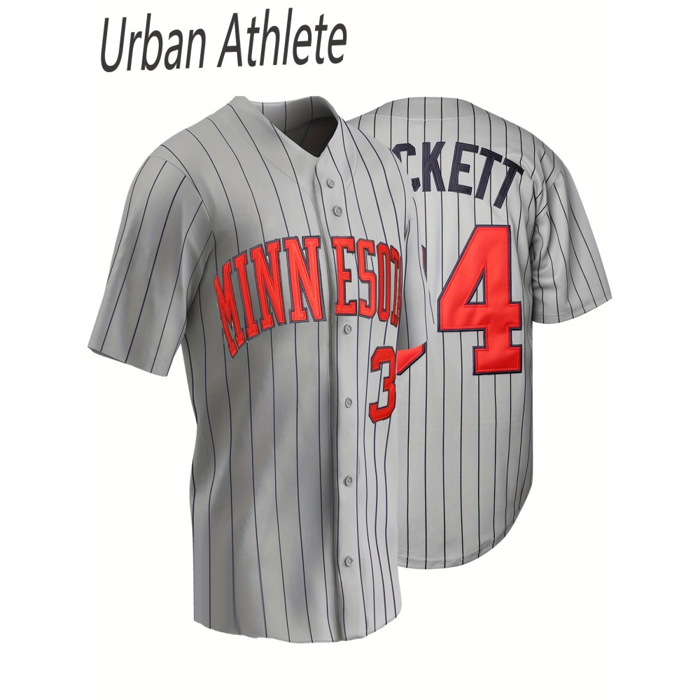 Minnesota Baseball Jersey #34 - Grey Stripe V-Neck Short Sleeve Button-Up Shirt with Full Embroidery, Breathable Fabric for Training, Competition & Casual Wear (Adults & Youths), Athletic Clothing | Sporty Aesthetic | Embroidered Detailing