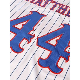 Men's White Polyester Baseball Jersey | V-Neck with Red & Blue Stripes | Embroidered #44 and BENGHAMMERS Design | Breathable, Machine Washable | Ideal for Training, Casual & Party Wear | Suitable for Spring to Autumn