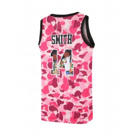 Men's #14 Retro 90s Hip-Hop Basketball Jersey - Pink & White Camo Design, 