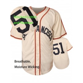 #51 Beige Baseball Jersey Embroidery V Neck Short Sleeve Baseball Shirt, Breathable Button-Up Sports Uniform For Training Competition Party