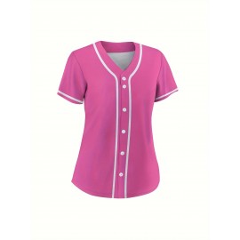 Women's Solid Color Pink Classic Design Baseball Jersey, Moisture Wicking, Breathable And Lightweight, UV Protection, Fade Resistant, Retro Baseball Shirt, Slightly Stretch Breathable Embroidery Button Sports Uniform For Training Party