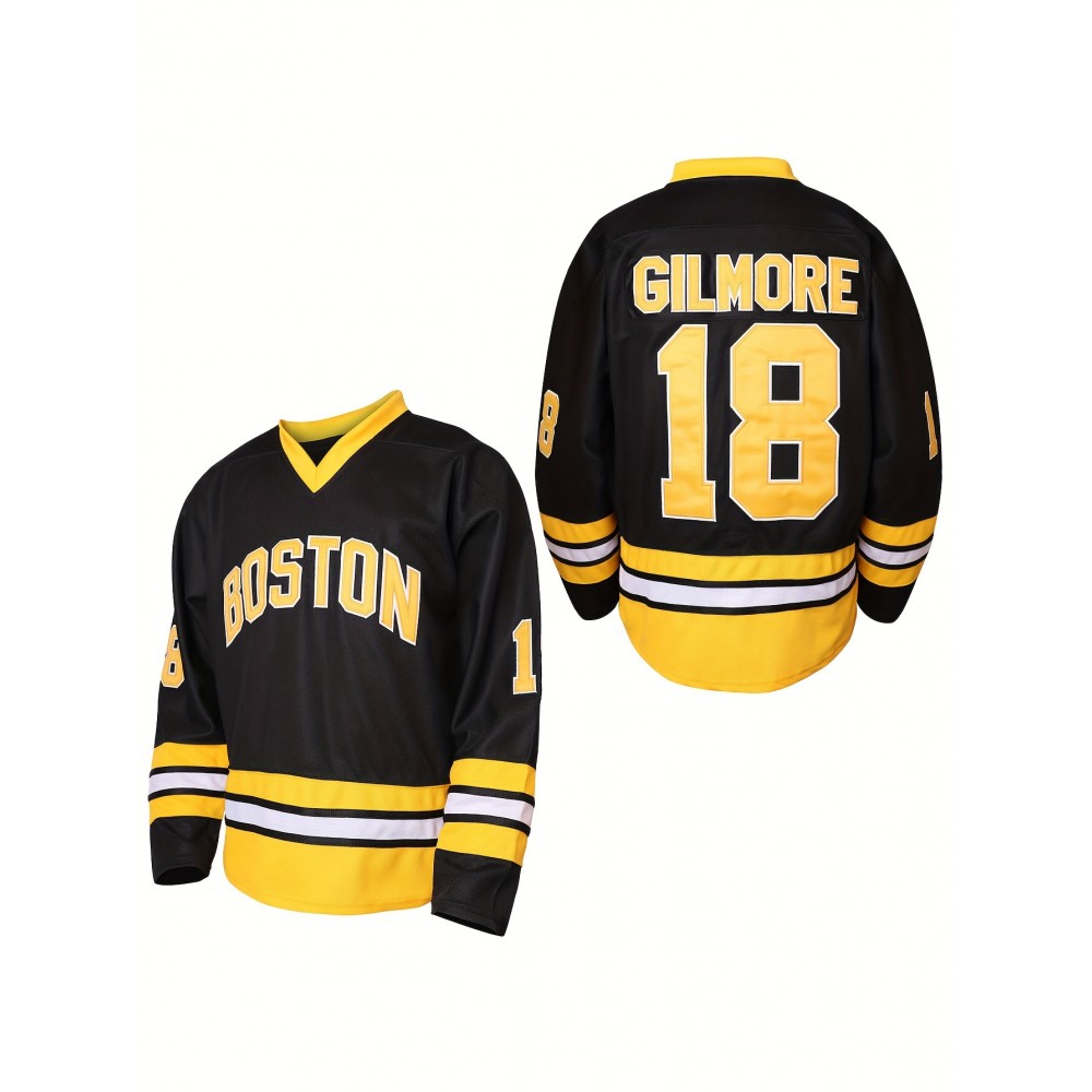 1pc Boston Gilmore #18 Men'S Ice Hockey Jersey - Polyester V-Neck Pullover with Embroidered Lettering - Loose-Fit Sports Top for Casual, Beach, Halloween, Christmas - Knitted Athletic Shirt for Training, Outdoor Activities, Field Sports - S-3XL