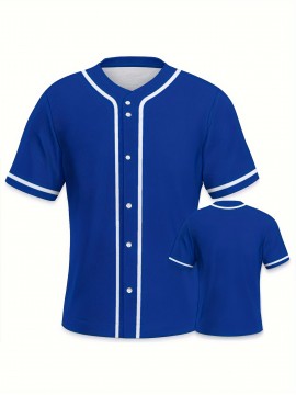 Men's Solid Color Classic Design Baseball Jersey, Men's Blue V-neck Baseball Jersey, Retro Baseball Shirt, Slightly Stretch Breathable Embroidery Button Sports Uniform For Training Competition Party Gifts
